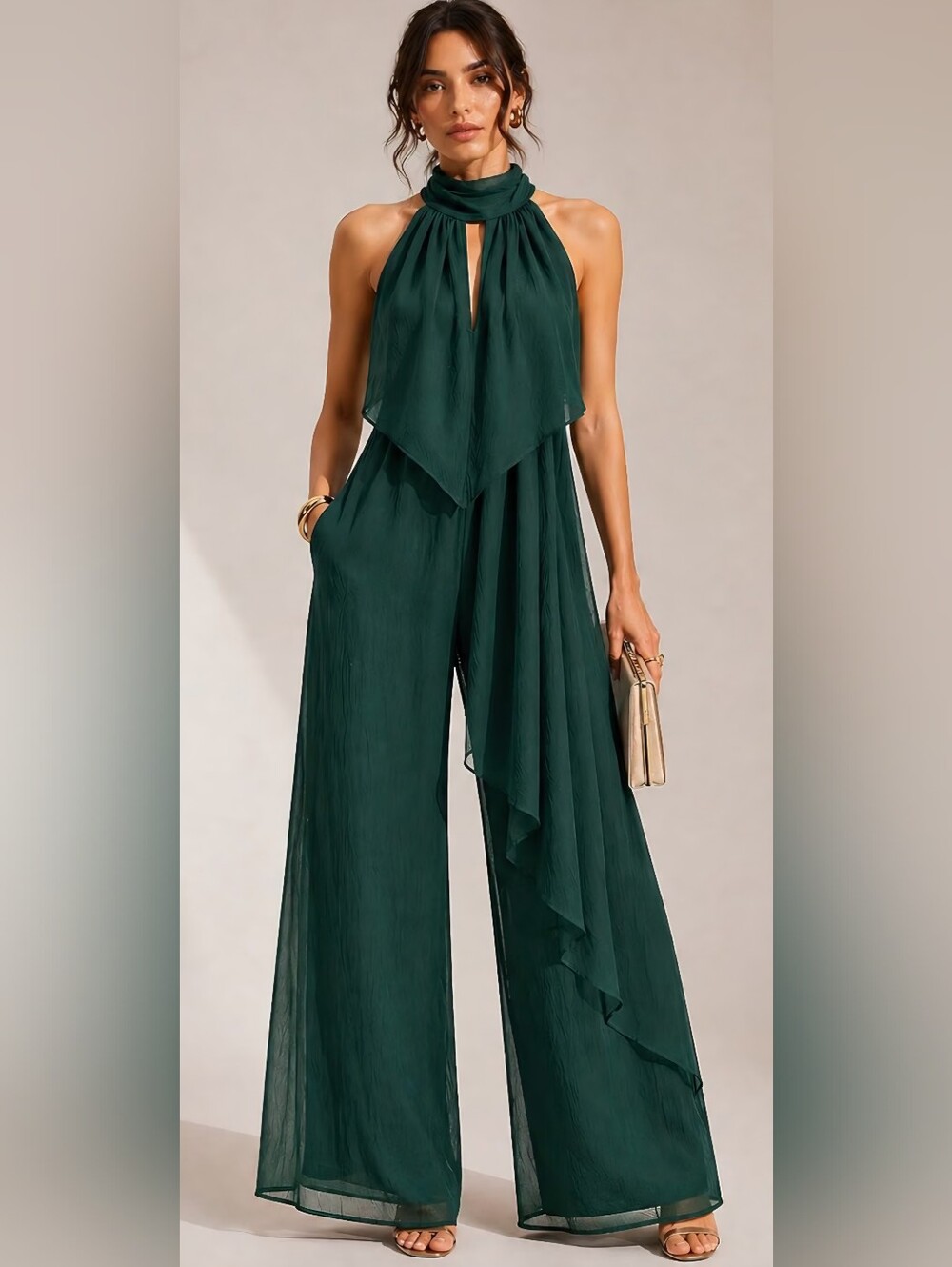 NWT Emerald Green Chiffon Halter Wide Leg Jumpsuit XL - Picture 1 of 3
